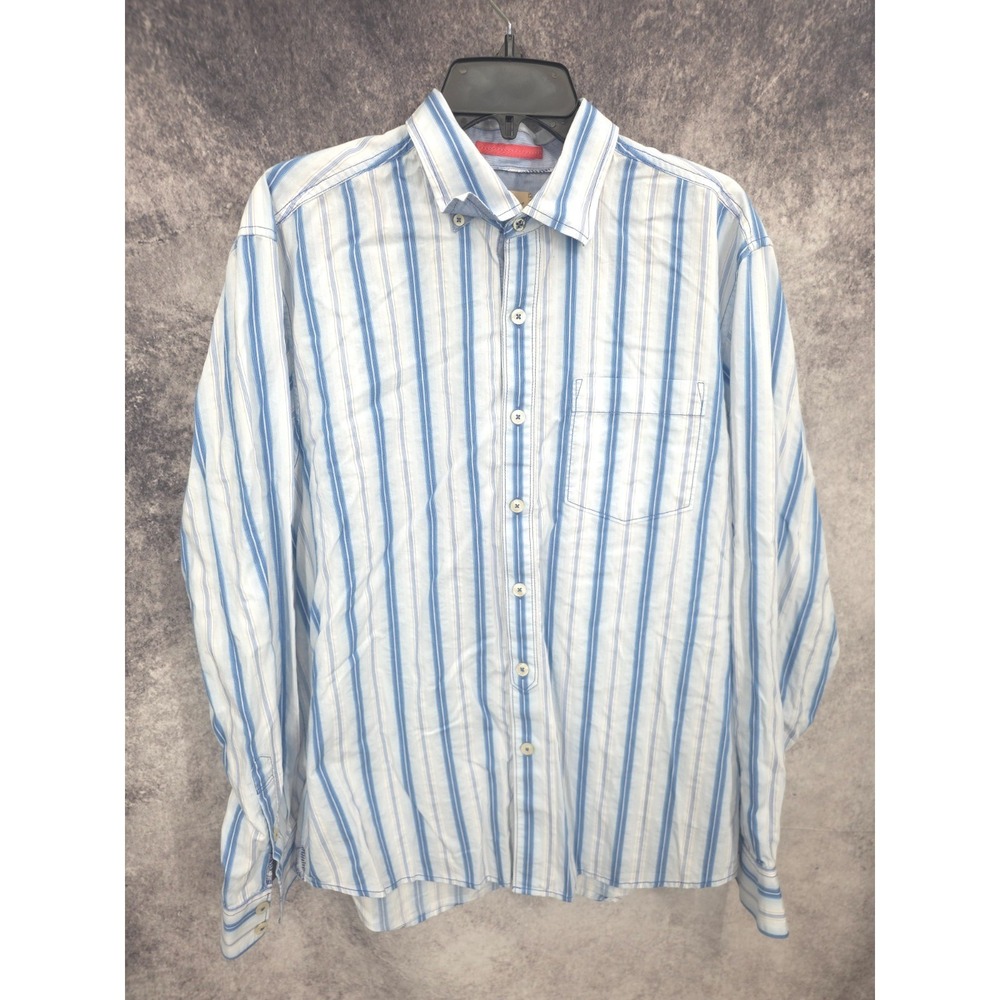 Tommy Bahama Shirt Men Large Blue Striped Saltwater Washed Button Up Long Sleeve